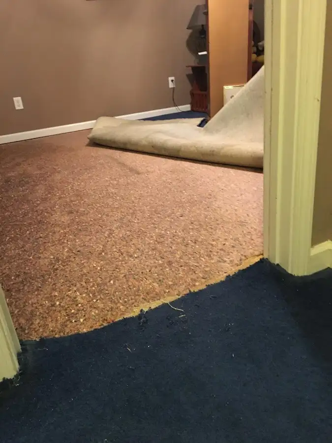 Carpet pad removal revealing water damage during Drying & Dehumidification in Rhinelander